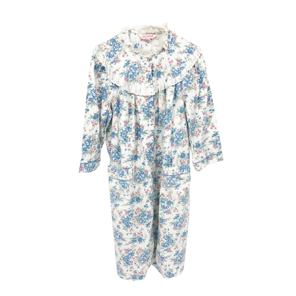 Carriage Court Flannel Modest Nightgown Roses Henley Pintuck Ruffle Size M